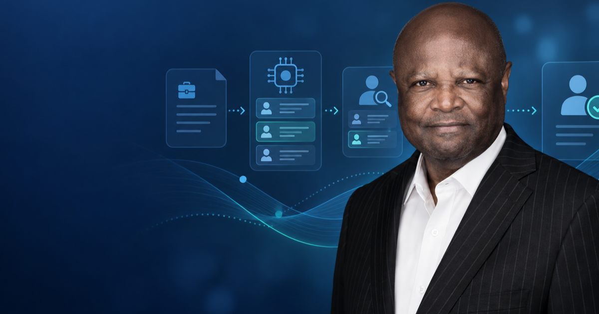 Portrait of Dr. Amaziah Dominic beside a diagram of an AI-assisted hiring workflow.