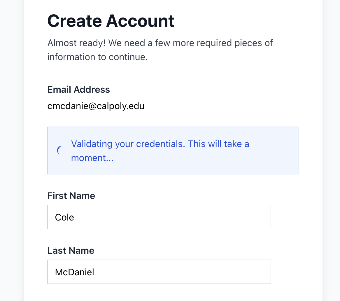 Create Account form validating instructor credentials