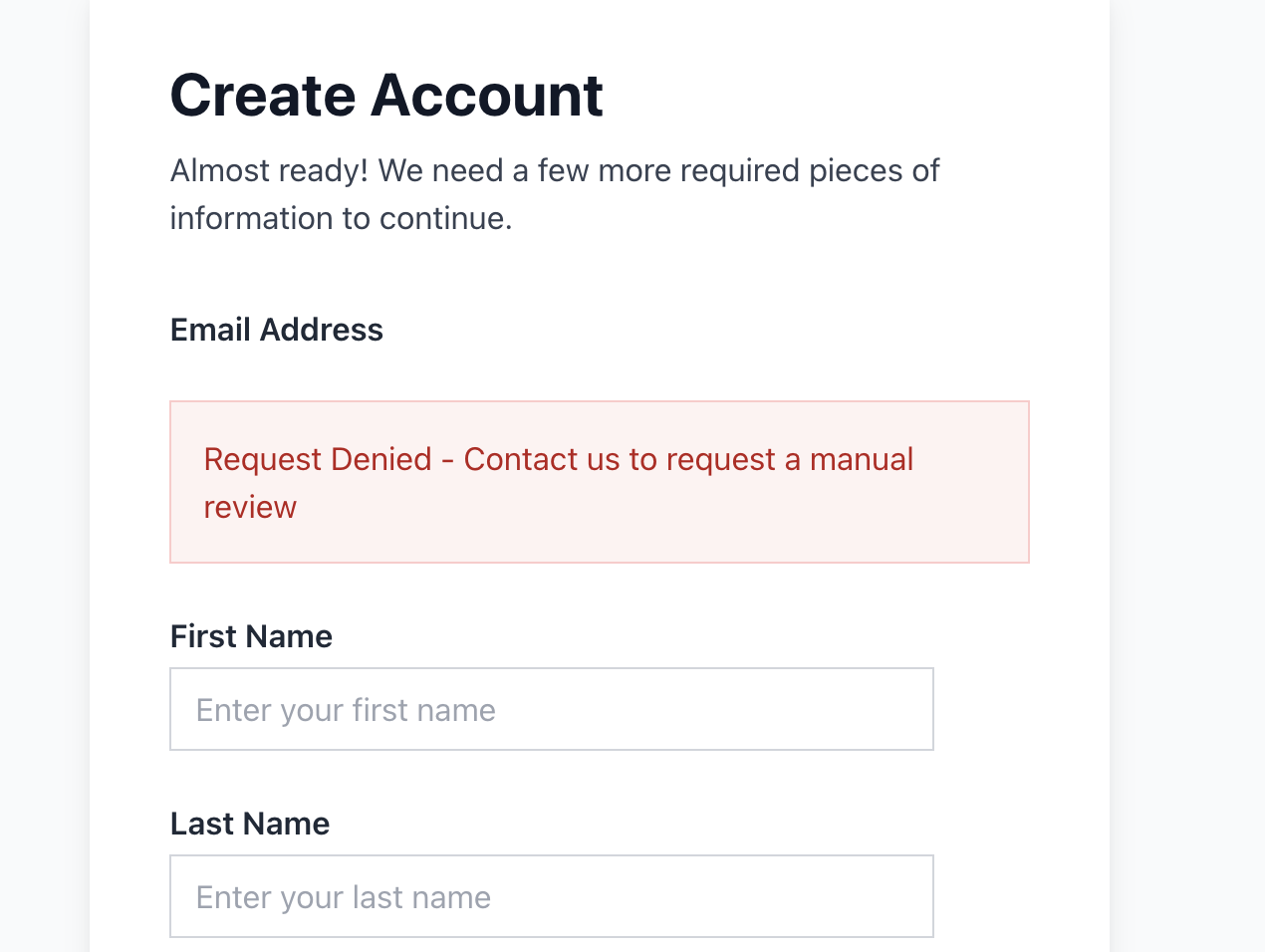 Instructor access request denied with a manual review option