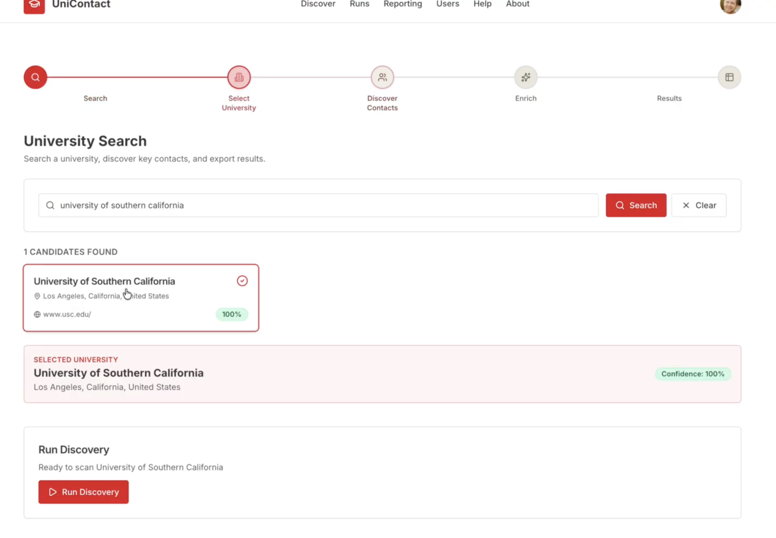 University search screen showing candidate institutions returned for review