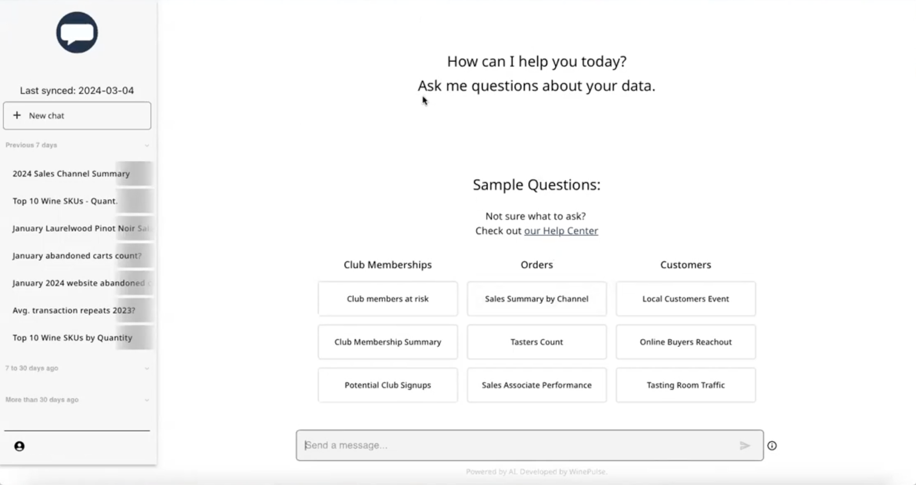 ChatDTC home screen with synced date, chat history, and suggested winery data questions