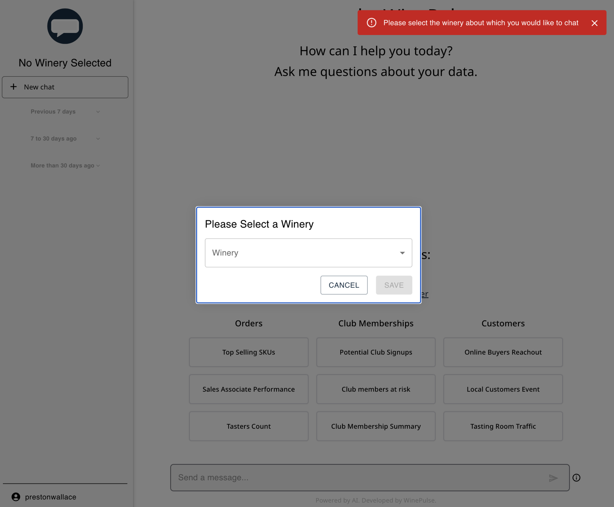 Winery selection and validation interface for switching the active business context