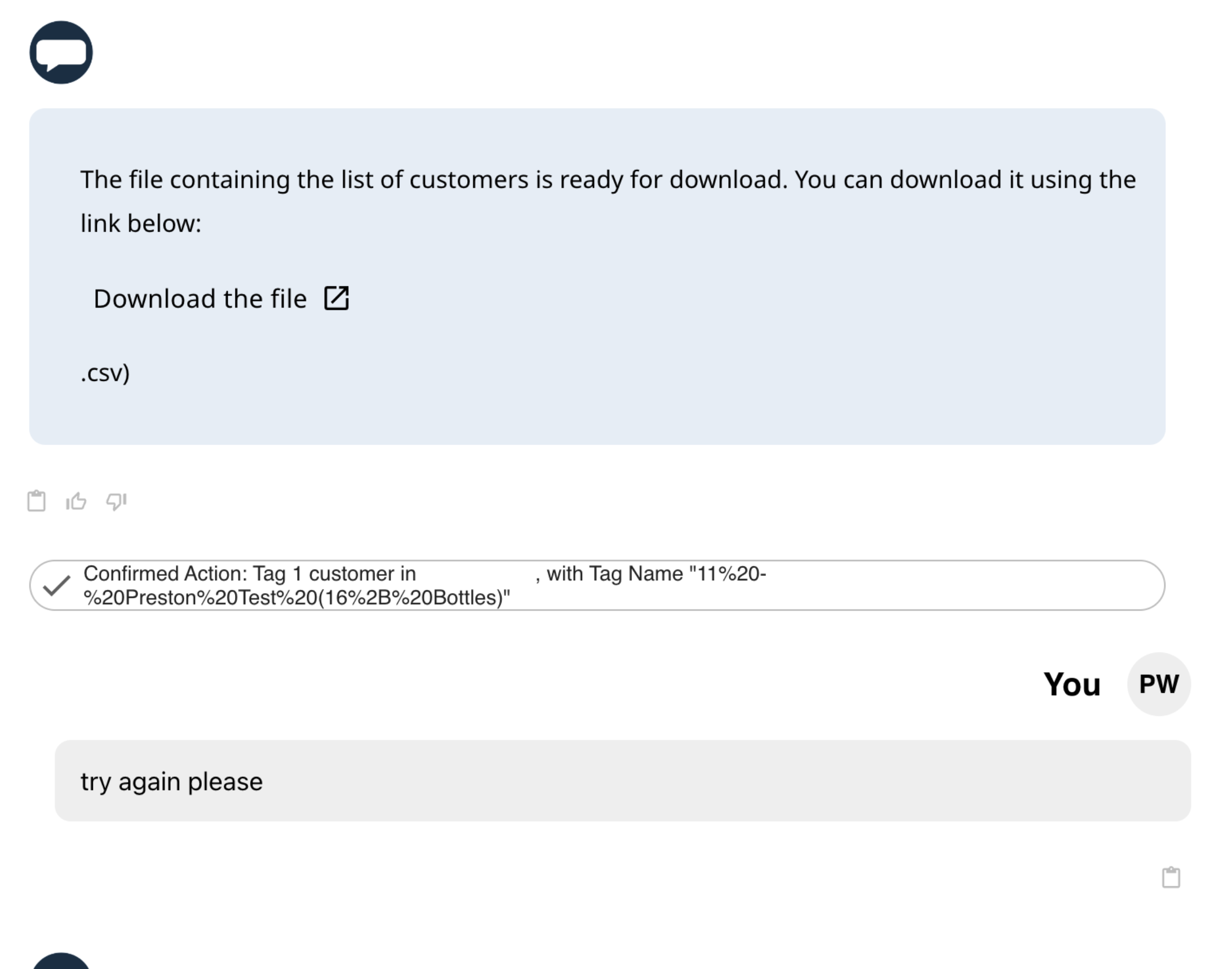 ChatDTC response providing a generated customer list for download
